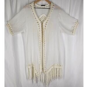 VIVID IMPORTERS WHITE CROCHET FRINGE COVER-UP CARDIGAN – SIZE L – BOHO STYLE